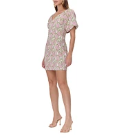 Adelyn Rae Jacquard Floral Print V Neck Short Sleeve Sheath Mini Dress