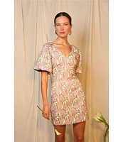 Adelyn Rae Jacquard Floral Print V Neck Short Sleeve Sheath Mini Dress