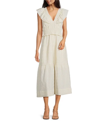Adelyn Rae Jina Textured Woven V-Neck Sleeveless Ruffle A-Line Midi Dress