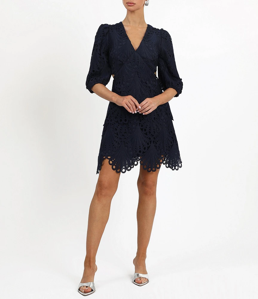 Adelyn Rae Lace V Neckline 3/4 Sleeve Cut Out Tiered Mini Dress