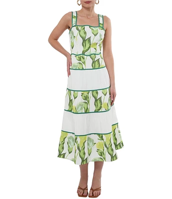 Adelyn Rae Lisha Woven Floral Leaf Print Square Neck Sleeve Scallop Trim Tiered A-Line Midi Dress