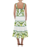 Adelyn Rae Lisha Woven Floral Leaf Print Square Neck Sleeve Scallop Trim Tiered A-Line Midi Dress