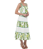 Adelyn Rae Lisha Woven Floral Leaf Print Square Neck Sleeve Scallop Trim Tiered A-Line Midi Dress
