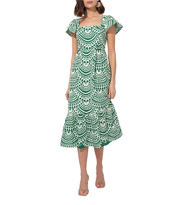 Adelyn Rae Maja Cotton Embroidered Abstract Print Square Neck Short Sleeve A-Line Midi Dress