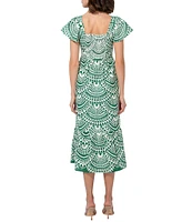 Adelyn Rae Maja Cotton Embroidered Abstract Print Square Neck Short Sleeve A-Line Midi Dress