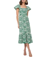 Adelyn Rae Maja Cotton Embroidered Abstract Print Square Neck Short Sleeve A-Line Midi Dress