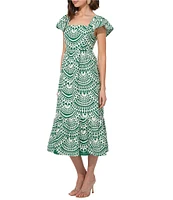 Adelyn Rae Maja Cotton Embroidered Abstract Print Square Neck Short Sleeve A-Line Midi Dress