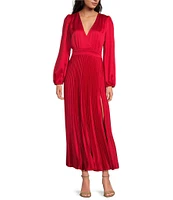 Adelyn Rae Pleated Satin V-Neck Long Sleeve Midi Dress