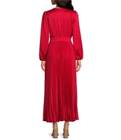 Adelyn Rae Pleated Satin V-Neck Long Sleeve Midi Dress