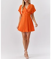 Adelyn Rae Pleated V-Neck Short Flutter Sleeve Twist Front Mini Dress