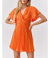 Adelyn Rae Pleated V-Neck Short Flutter Sleeve Twist Front Mini Dress