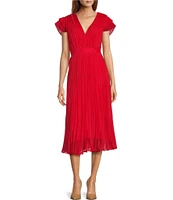 Adelyn Rae Pleated V-Neck Short Sleeve Midi Dress