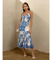 Adelyn Rae Rhegan Satin Floral Print V Neck Sleeveless Slip Midi Dress
