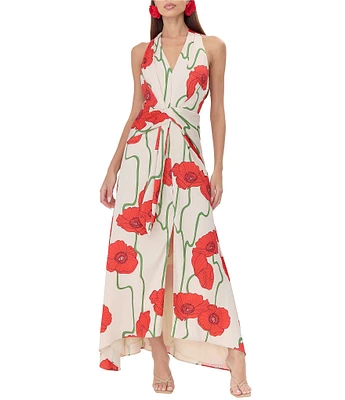 Adelyn Rae Rosalyn Woven Abstract Rose Print V Neck Sleeveless A-Line Maxi Dress