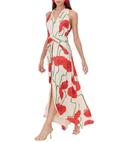 Adelyn Rae Rosalyn Woven Abstract Rose Print V Neck Sleeveless A-Line Maxi Dress