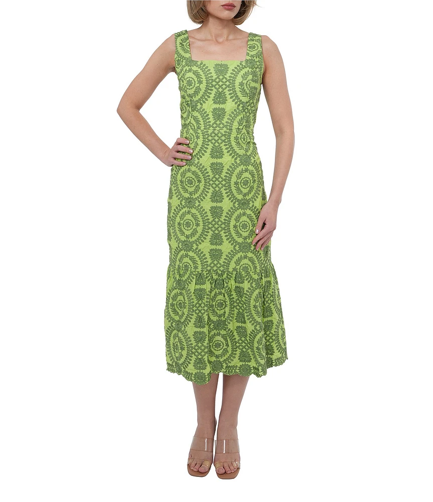 Adelyn Rae Rose Eyelet Embroidered Print Square Neck Sleeveless Fit and Flare Midi Dress