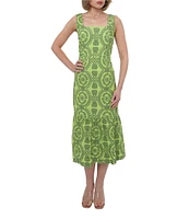 Adelyn Rae Rose Eyelet Embroidered Print Square Neck Sleeveless Fit and Flare Midi Dress