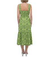 Adelyn Rae Rose Eyelet Embroidered Print Square Neck Sleeveless Fit and Flare Midi Dress