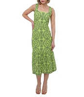Adelyn Rae Rose Eyelet Embroidered Print Square Neck Sleeveless Fit and Flare Midi Dress