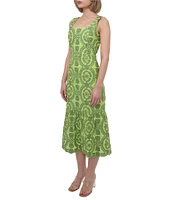 Adelyn Rae Rose Eyelet Embroidered Print Square Neck Sleeveless Fit and Flare Midi Dress