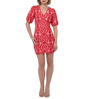 Adelyn Rae Rosemary Eyelet Embroidered Print V Neck Short Puff Sleeve Sheath Mini Dress