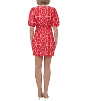 Adelyn Rae Rosemary Eyelet Embroidered Print V Neck Short Puff Sleeve Sheath Mini Dress