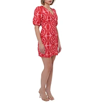 Adelyn Rae Rosemary Eyelet Embroidered Print V Neck Short Puff Sleeve Sheath Mini Dress