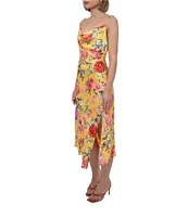 Adelyn Rae Satin Floral Print Cowl Neck Sleeveless Slip Midi Dress