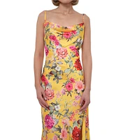 Adelyn Rae Satin Floral Print Cowl Neck Sleeveless Slip Midi Dress