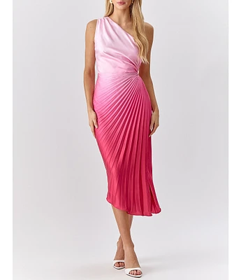 Adelyn Rae Satin Ombre Pleated One Shoulder Sleeveless Asymmetrical Hem Midi Dress