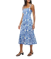 Adelyn Rae Shanna Embroidered Abstract Print Square Neck Sleeveless Fit and Flare Midi Dress