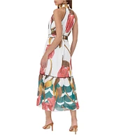 Adelyn Rae Woven Floral Print Halter Neck Sleeveless Belted Waist Tie Blouson Midi Dress