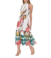 Adelyn Rae Woven Floral Print Halter Neck Sleeveless Belted Waist Tie Blouson Midi Dress