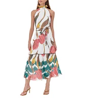 Adelyn Rae Woven Floral Print Halter Neck Sleeveless Belted Waist Tie Blouson Midi Dress