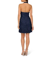 Adrianna by Adrianna Papell Beaded Mesh Halter Mock Neck Sleeveless Open Back Mini Dress