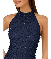 Adrianna by Adrianna Papell Beaded Mesh Halter Mock Neck Sleeveless Open Back Mini Dress