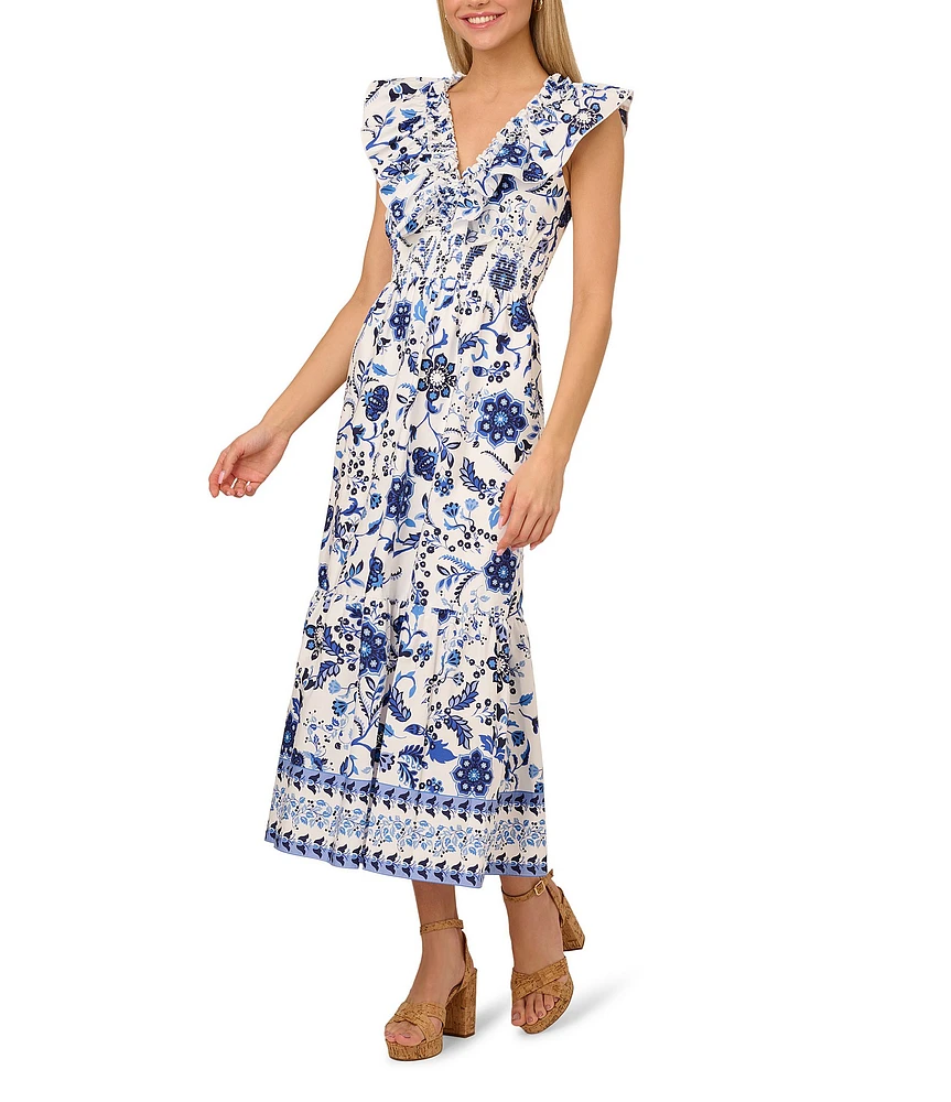 Adrianna by Adrianna Papell Cotton Floral Print V-Neck Cap Sleeve Fit and Flare Maxi Dress