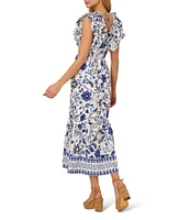 Adrianna by Adrianna Papell Cotton Floral Print V-Neck Cap Sleeve Fit and Flare Maxi Dress