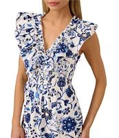 Adrianna by Adrianna Papell Cotton Floral Print V-Neck Cap Sleeve Fit and Flare Maxi Dress