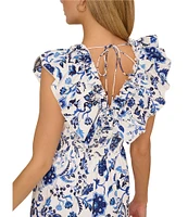 Adrianna by Adrianna Papell Cotton Floral Print V-Neck Cap Sleeve Fit and Flare Maxi Dress