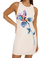 Adrianna by Adrianna Papell Crepe Beaded Floral Placement Print Crew Neck Sleeveless Shift Mini Dress