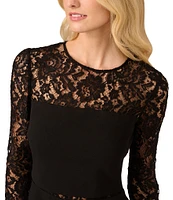 Adrianna by Adrianna Papell Crepe Illusion Lace Round Neck Long Sleeve Mini Dress