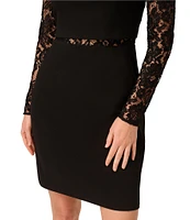 Adrianna by Adrianna Papell Crepe Illusion Lace Round Neck Long Sleeve Mini Dress