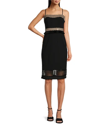 Adrianna by Adrianna Papell Crepe Metallic Net Fringe Square Neck Sleeveless Dress