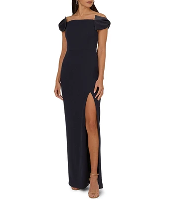 Adrianna by Adrianna Papell Crepe Off-the-Shoulder Bow Sleeve Side Slit Gown