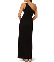 Adrianna by Adrianna Papell Crepe One Shoulder Neck Sleeveless Mesh Side Long Dress
