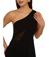 Adrianna by Adrianna Papell Crepe One Shoulder Neck Sleeveless Mesh Side Long Dress