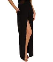 Adrianna by Adrianna Papell Crepe One Shoulder Neck Sleeveless Mesh Side Long Dress