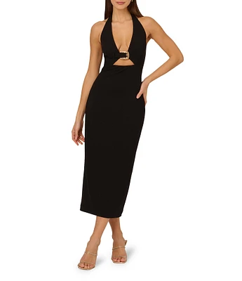 Adrianna by Adrianna Papell Crepe Plunge Halter Neck Sleeveless Cutout Buckle Sheath Midi Dress