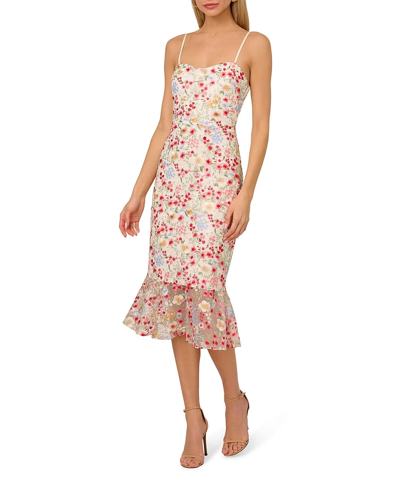 Adrianna by Adrianna Papell Embroidered Mesh Floral Print Square Neck Sleeveless Fit and Flare Midi Dress